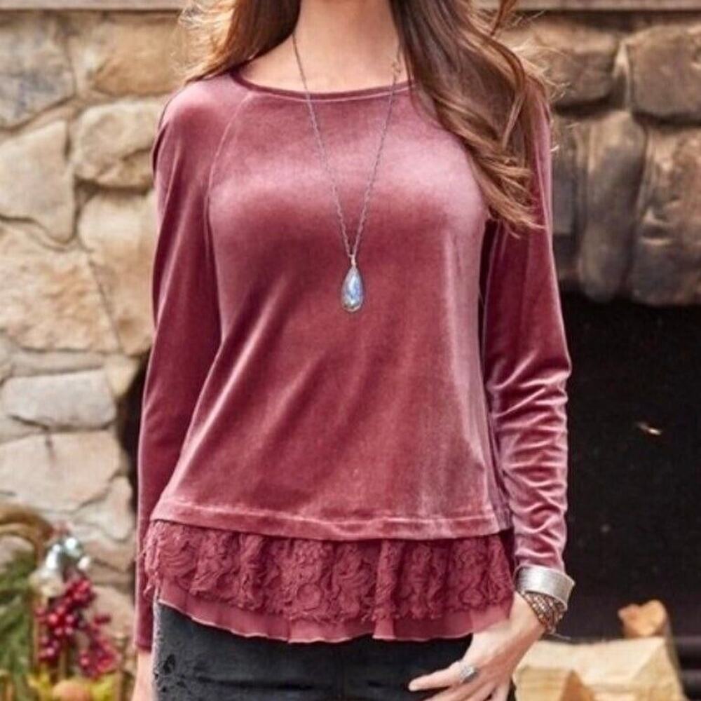 Sundance Womens Velvet Lace Top Size S Cottagecore Romantic Boho Mixed Media
